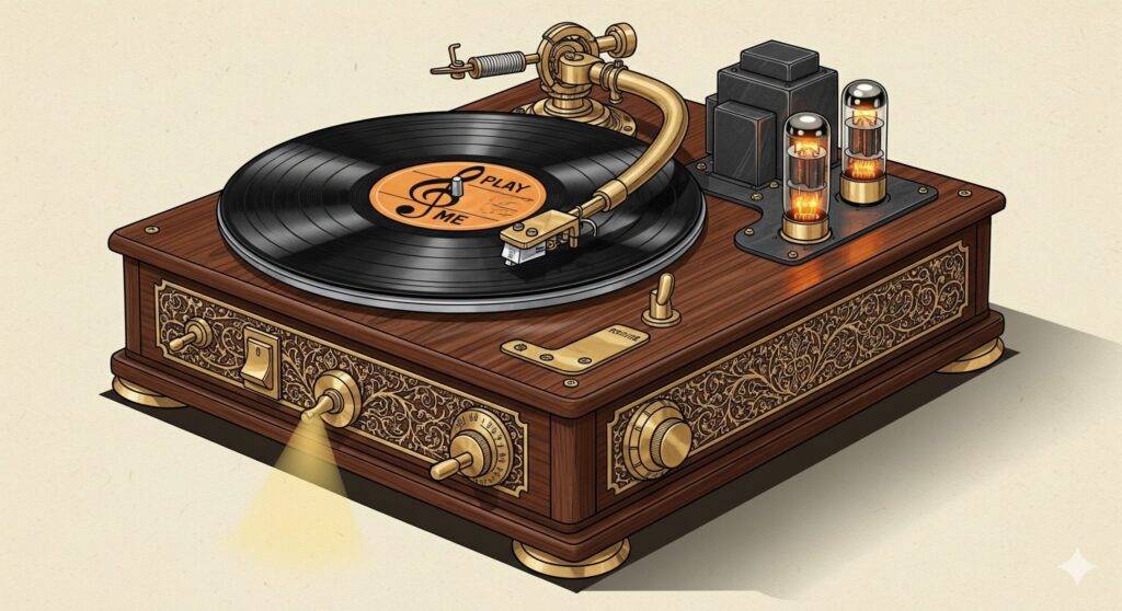 レコードプレーヤーのイラストも個性的